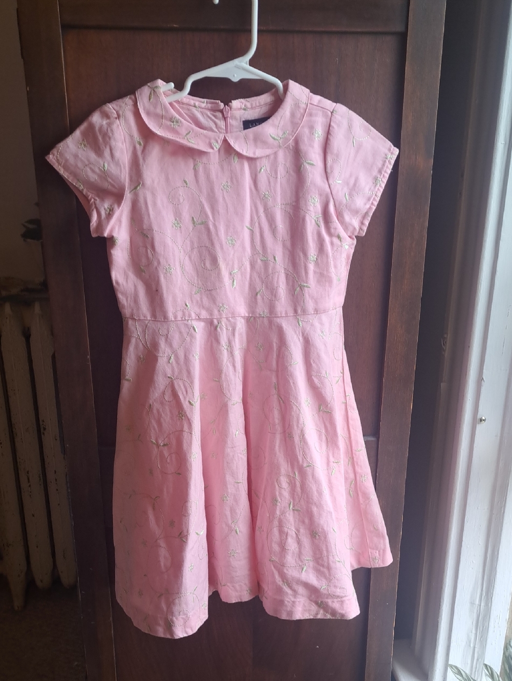 Land's End Girls Size 6 Pink Embroidered Linen Blend Dress with Peter Pan Collar